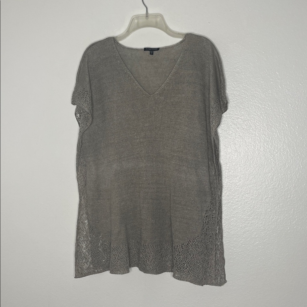 Eileen Fisher Stone Grey Linen Knit Crochet Lace Trim Tunic Sweater Petite Sm